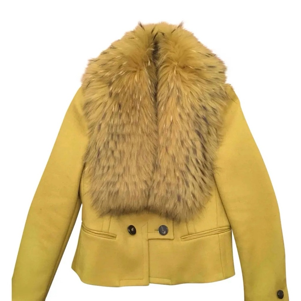Roberto Cavalli Mustard Yellow Pea Coat with Real Fur Shawl Collar